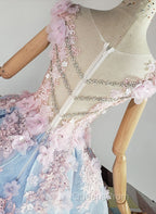 Blue and Pink Ball Gown Tulle with Flowers Sweet 16 Dress, Blue Evening Dress
