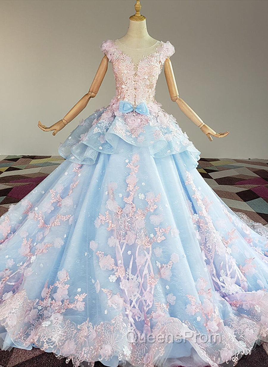 Blue and Pink Ball Gown Tulle with Flowers Sweet 16 Dress, Blue Evening Dress Secondary image
