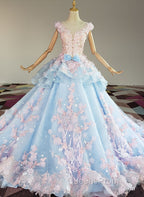 Blue and Pink Ball Gown Tulle with Flowers Sweet 16 Dress, Blue Evening Dress
