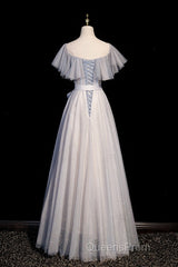 Blue And Pink Beaded Tulle Lovely A-Line Long Party Dress, Tulle Evening Dress Evening Prom Dress