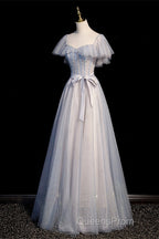 Blue And Pink Beaded Tulle Lovely A-Line Long Party Dress, Tulle Evening Dress Evening Prom Dress