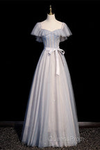 Blue And Pink Beaded Tulle Lovely A-Line Long Party Dress, Tulle Evening Dress Evening Prom Dress