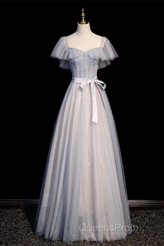 Blue And Pink Beaded Tulle Lovely A-Line Long Party Dress, Tulle Evening Dress Evening Prom Dress