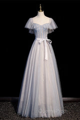 Blue And Pink Beaded Tulle Lovely A-Line Long Party Dress, Tulle Evening Dress Evening Prom Dress