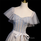 Blue And Pink Beaded Tulle Lovely A-Line Long Party Dress, Tulle Evening Dress Evening Prom Dress