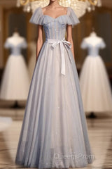 Blue And Pink Beaded Tulle Lovely A-Line Long Party Dress, Tulle Evening Dress Evening Prom Dress