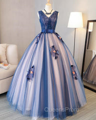 Blue and Pink Flower Lace Applique V-neckline Sweet 16 Gown, Floor Length Evening Dress