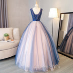 Blue and Pink Flower Lace Applique V-neckline Sweet 16 Gown, Floor Length Evening Dress