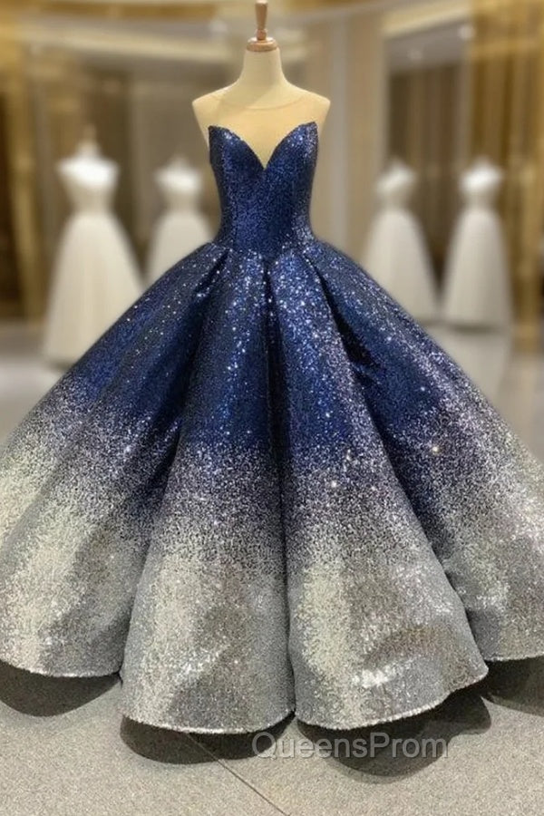 Blue And Silver Ball Gown Sequins Cap Sleeve Evening Prom Dress