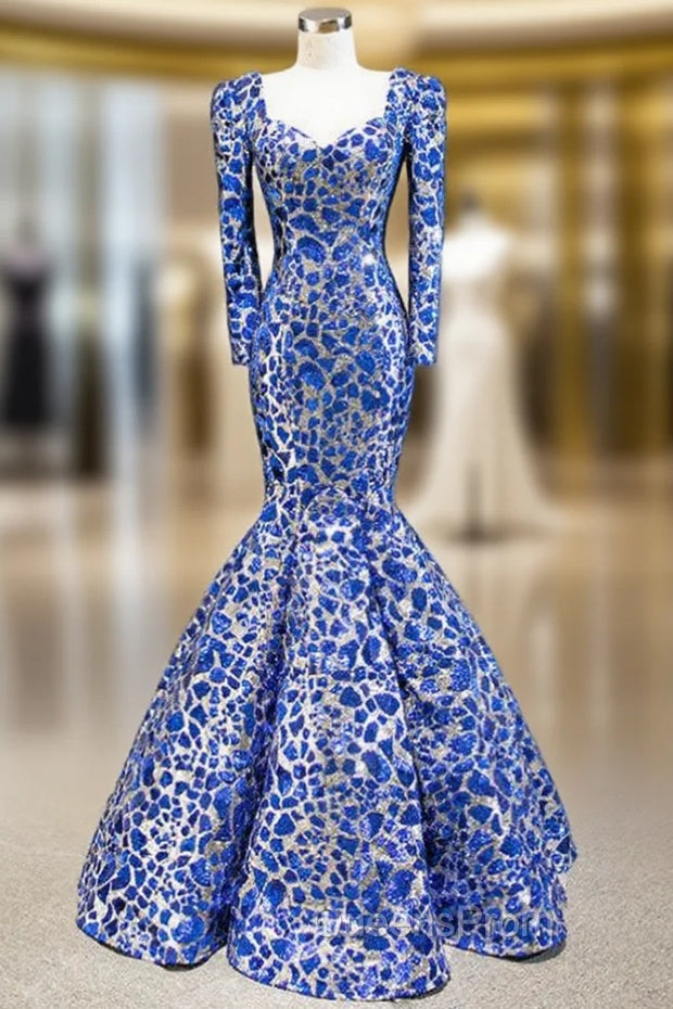 Blue And Silver Sequins Mermaid Long Sleeve Square Evening Prom Dress