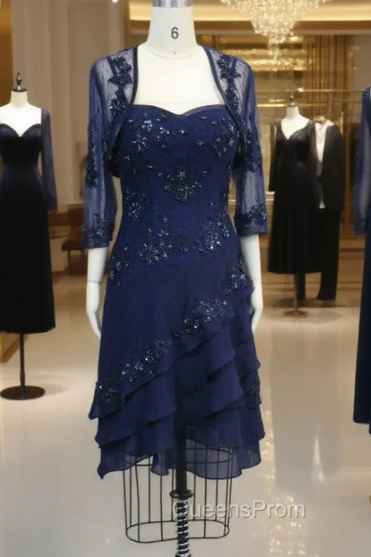 Blue Appliqued 3/4 Sleeve Knee Length Mother of the Bride Dress With Jacket Main image