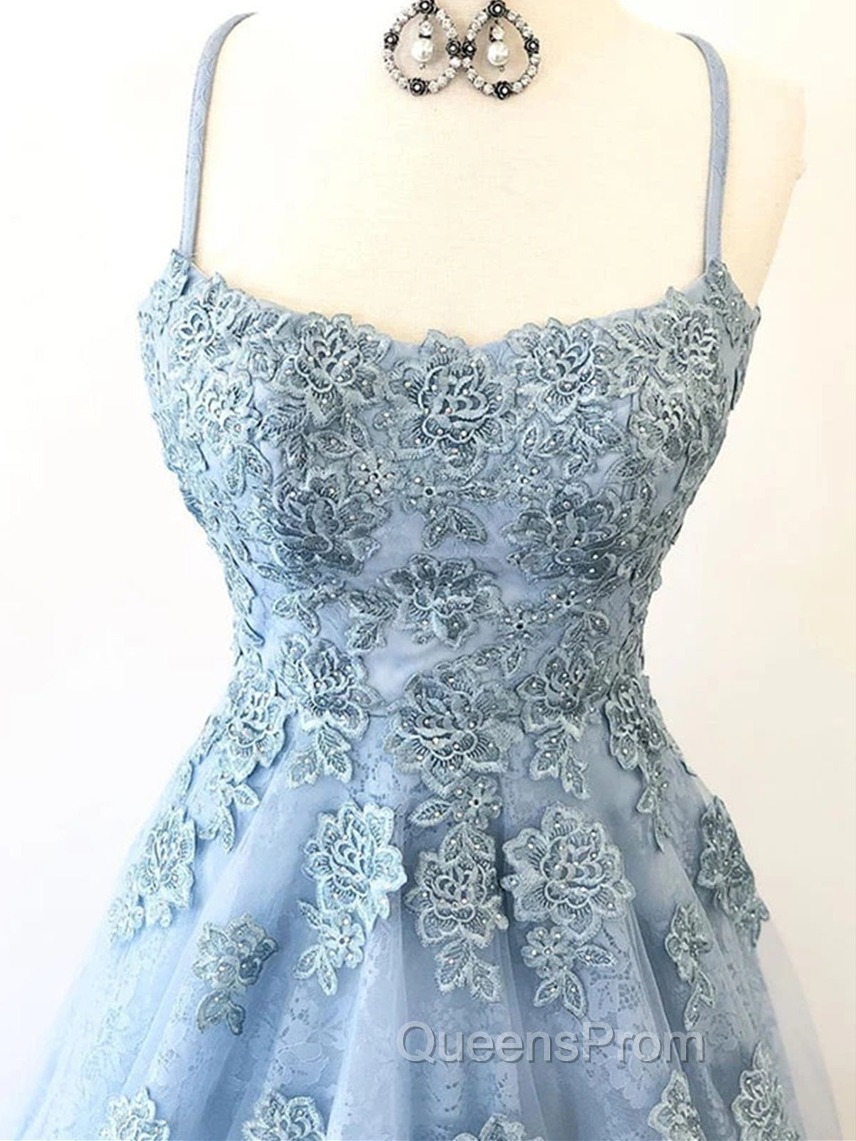 Blue Backless Lace Evening Prom Dress, Open Back Blue Lace Evening Graduation Dress Secondary image