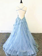 Blue Backless Lace Evening Prom Dress, Open Back Blue Lace Evening Graduation Dress