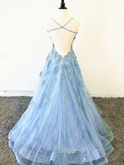 Blue Backless Lace Evening Prom Dress, Open Back Blue Lace Evening Graduation Dress