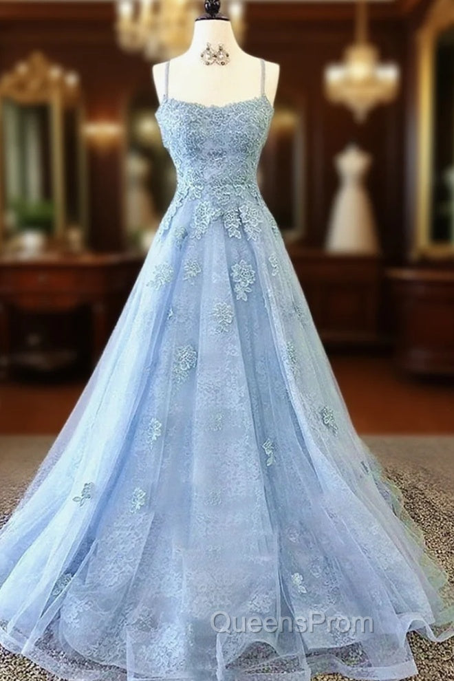 Blue Backless Lace Evening Prom Dress, Open Back Blue Lace Evening Graduation Dress Main image