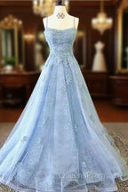 Blue Backless Lace Evening Prom Dress, Open Back Blue Lace Evening Graduation Dress