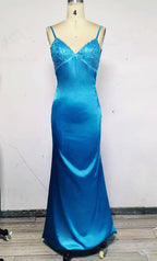 Blue Backless Mermaid Satin Long Classy Evening Classy Prom Dress