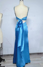Blue Backless Mermaid Satin Long Classy Evening Classy Prom Dress