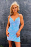 Blue Backless Spaghetti Straps Tight Short Homecoming Dress