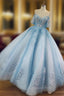 Blue Ball Gown Beaded and Lace Long Sweet 16 Dress, Blue Tulle Evening Dress