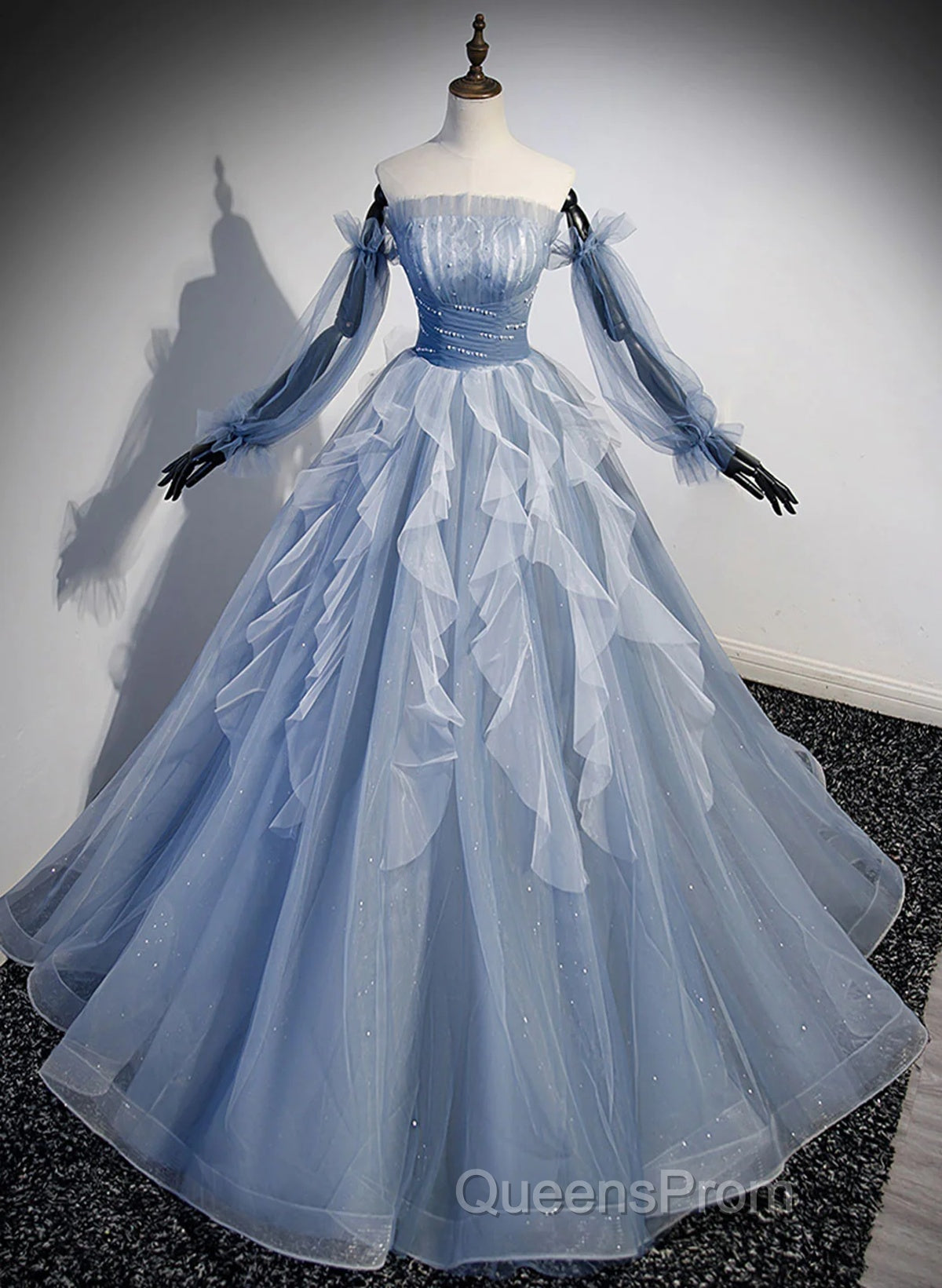 Blue Ball Gown Long Sleeves Beaded Party Dress, Blue Evening Prom Dress Sweet 16 Dress