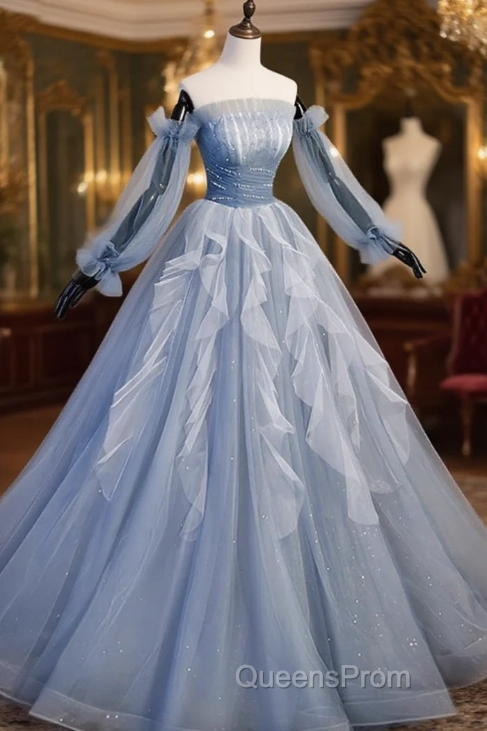 Blue Ball Gown Long Sleeves Beaded Party Dress, Blue Evening Prom Dress Sweet 16 Dress