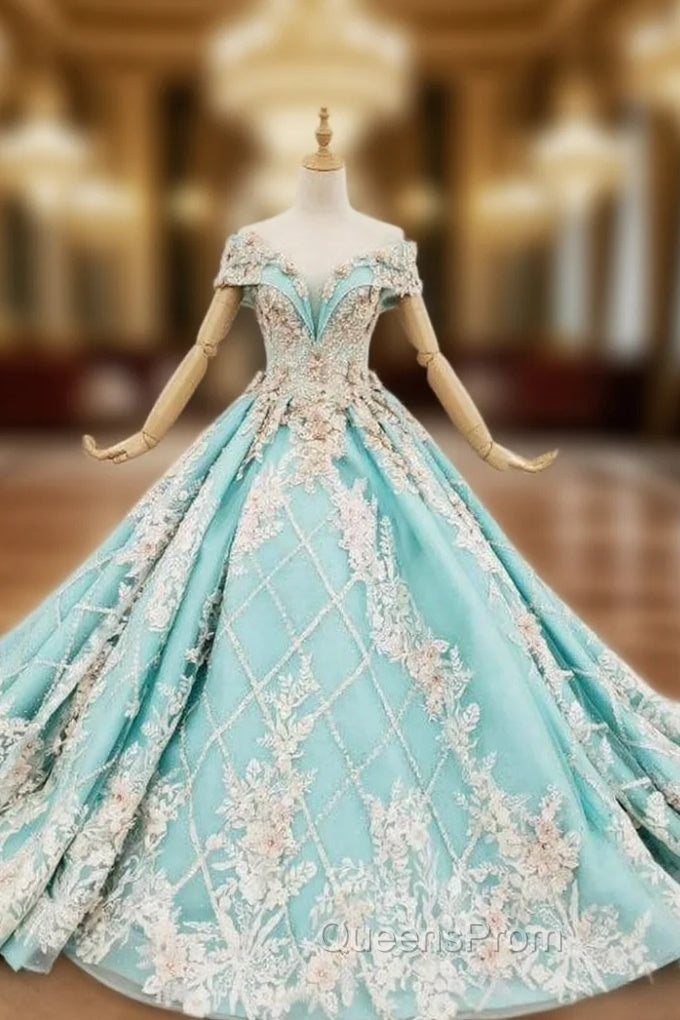 Blue Ball Gown Off the Shoulder Appliques Beading Evening Prom Dress