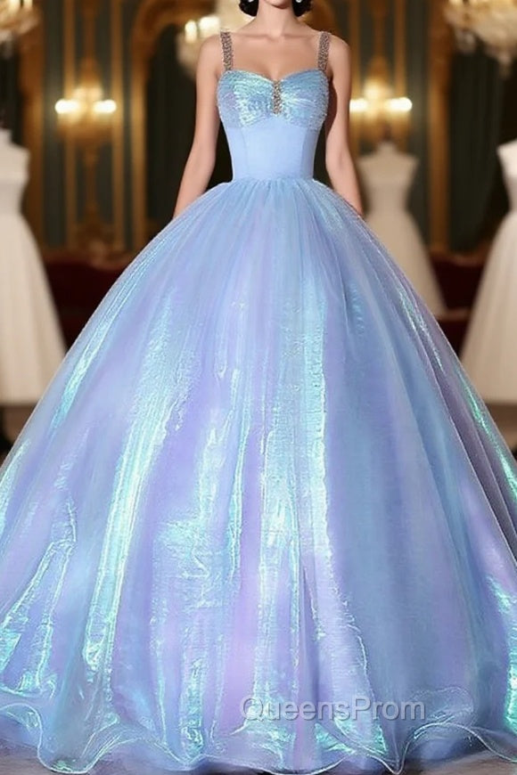 Blue Ball Gown Organza Straps Beading Quinceanera Dress