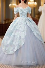 Blue Ball Gown Print Tulle Off the Shoulder Quinceanera Dress