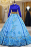 Blue Ball Gown Satin High Neck Backless Long Sleeve Appliques Quinceanera Dress