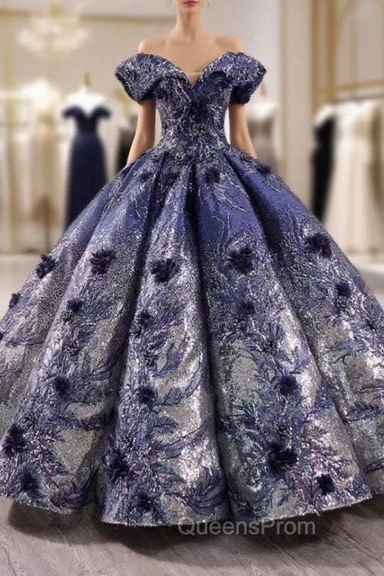 Blue Ball Gown Sequins Appliques Off the Shoulder Evening Prom Dress Main image