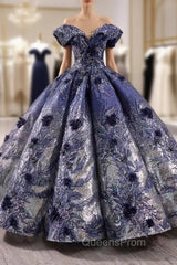 Blue Ball Gown Sequins Appliques Off the Shoulder Evening Prom Dress