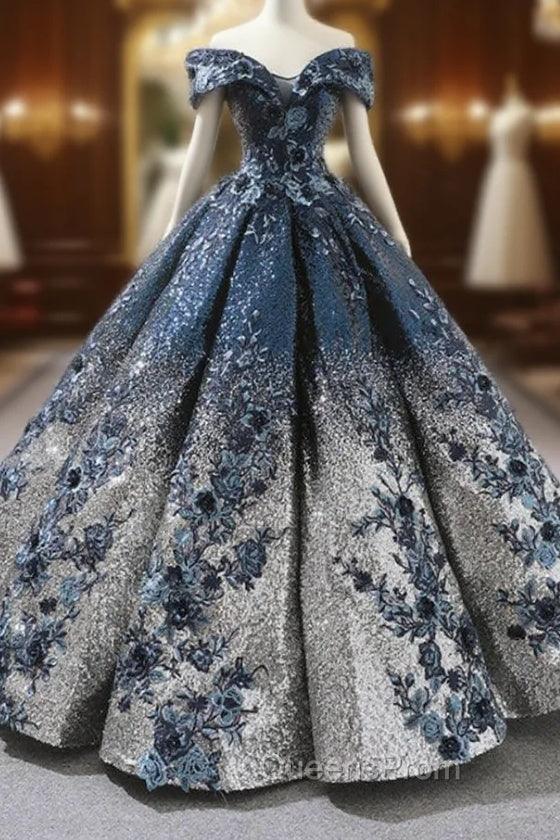 Blue Ball Gown Sequins Off The Shoulder Appliques Floor Length Wedding Dress Main image