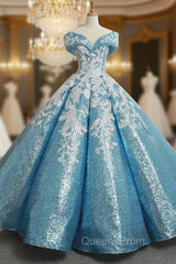 Blue Ball Gown Sequins Off The Shoulder Appliques Wedding Dress