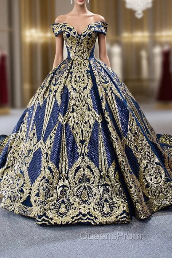 Blue Ball Gown Sequins Off the Shoulder Luxury Evening Prom Dress