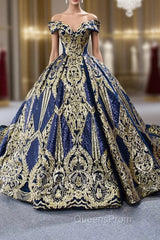 Blue Ball Gown Sequins Off the Shoulder Luxury Evening Prom Dress