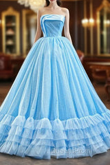 Blue Ball Gown Sequins Strapless Pleats Sleeveless Evening Prom Dress