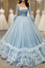 Blue Ball Gown Sequins Tulle Long Sleeve Pleats Evening Prom Dress