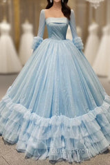 Blue Ball Gown Sequins Tulle Long Sleeve Pleats Evening Prom Dress