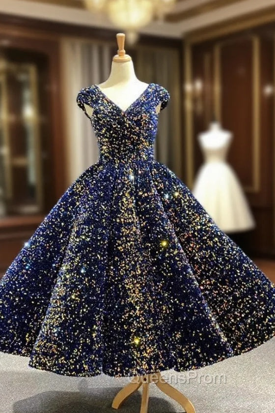 Blue Ball Gown Sequins V-neck Cap Sleeve Evening Prom Dress Main image