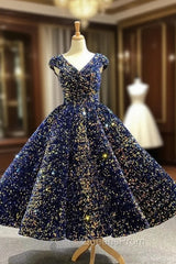 Blue Ball Gown Sequins V-neck Cap Sleeve Evening Prom Dress