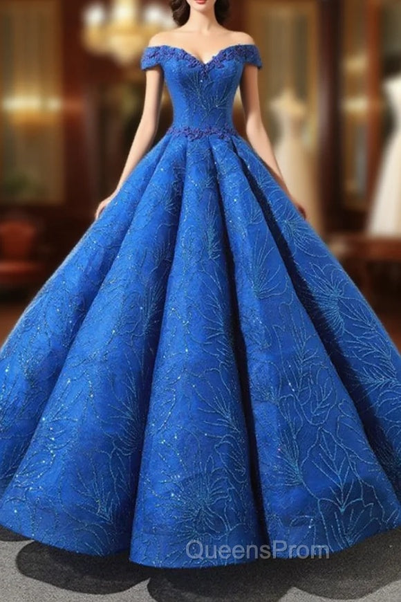 Blue Ball Gown Sequisn Appliques Off The Shoulder Wedding Dress