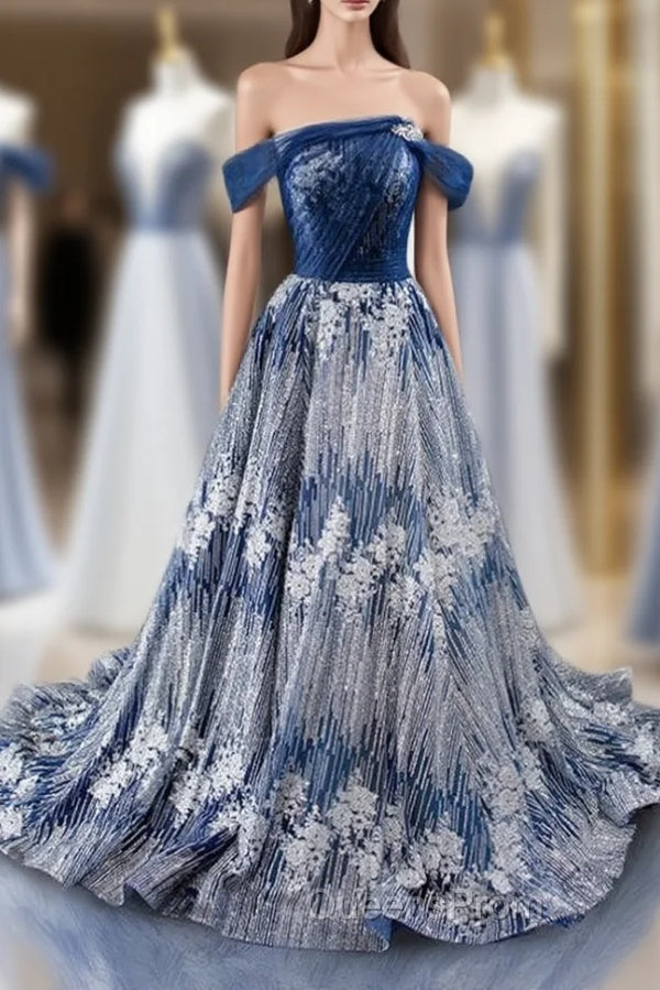 Blue Ball Gown Silver Sequins Off the Shoulder Evening Prom Dress Main image
