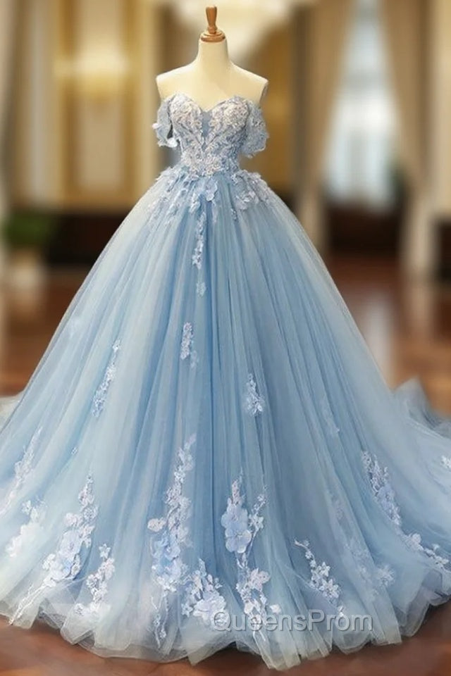 Blue Ball Gown Tulle Appliques Off The Shoulder Backless Sweet 16 Evening Prom Dress