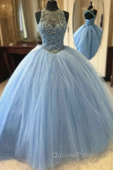 Blue Ball Gown Tulle Beaded Halter Backless Sweet 16 Evening Prom Dress
