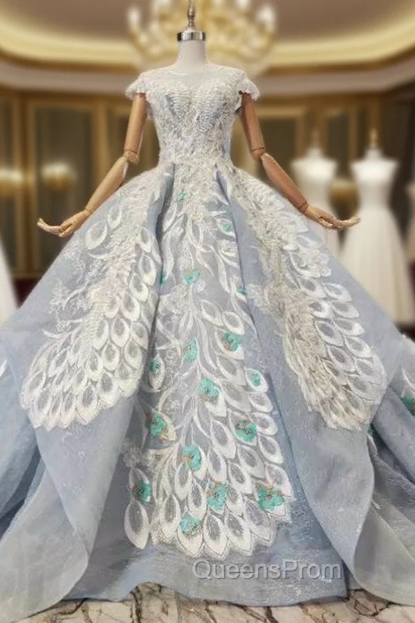 Blue Ball Gown Tulle Lace Appliques Cap Sleeve Luxury Wedding Dress With Beading Main image
