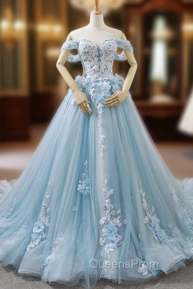 Blue Ball Gown Tulle Off The Shoulder Appliques Wedding Dress Main image