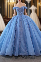 Blue Ball Gown Tulle Off the Shoulder Sequins Appliques Evening Prom Dress