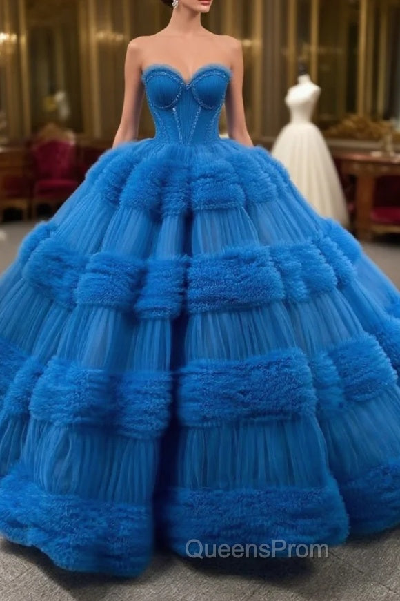 Blue Ball Gown Tulle Pink Tulle Pleats Beading Evening Prom Dress Main image