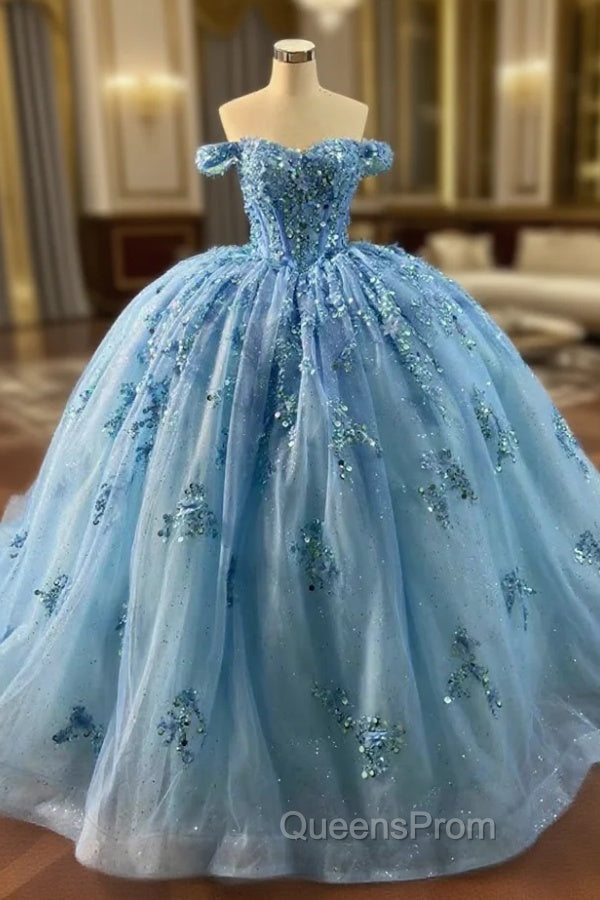 Blue Ball Gown Tulle Sequins Flower Evening Prom Dress Main image